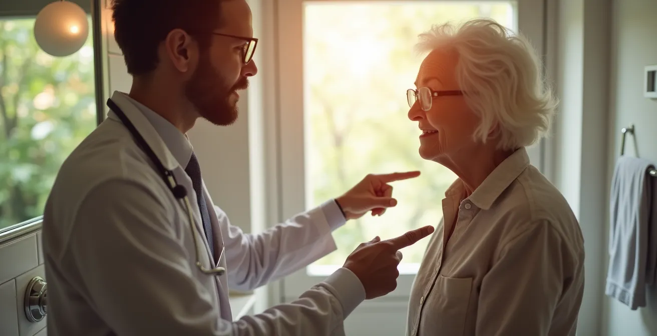 Conseiller France Rénov' examinant une salle de bain avec une personne âgée