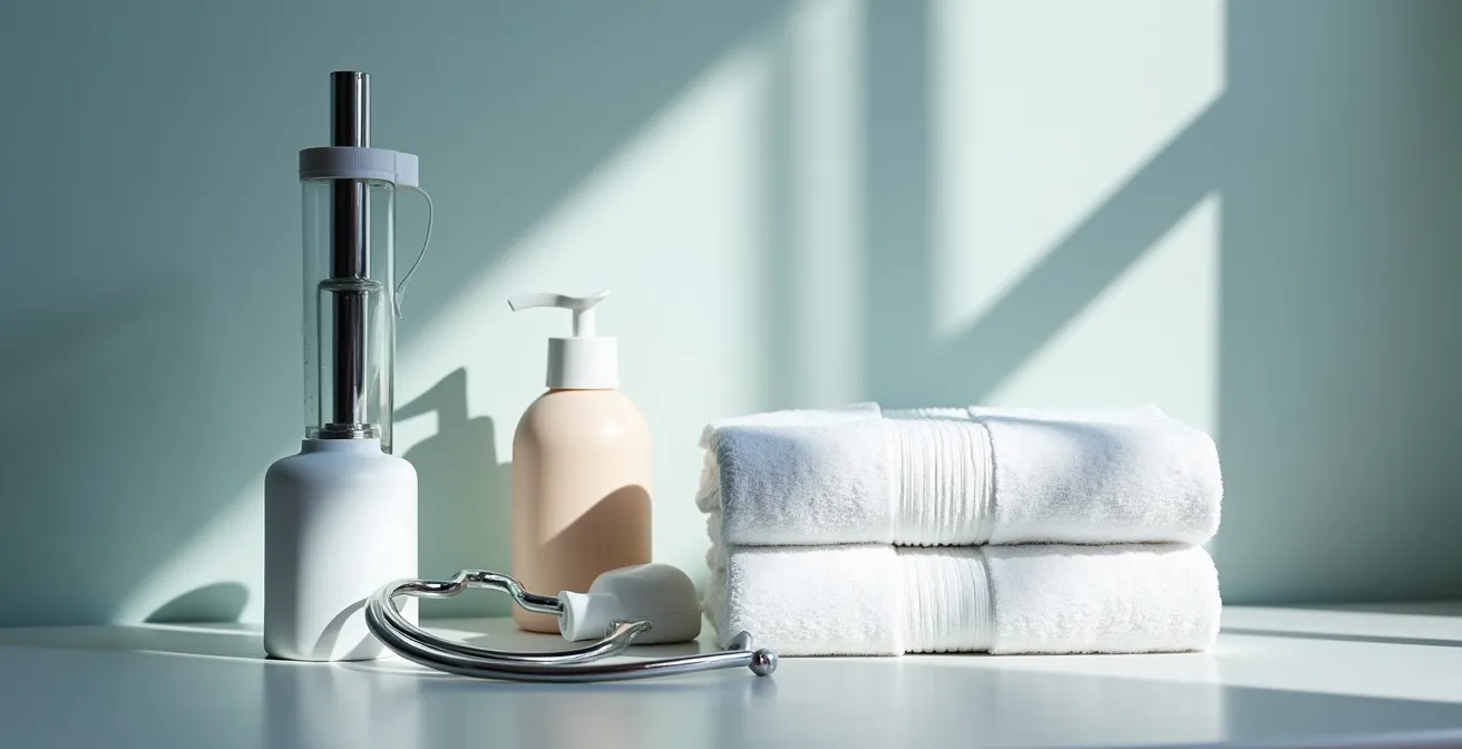 Professionnel de santé préparant le matériel d'aide à la toilette