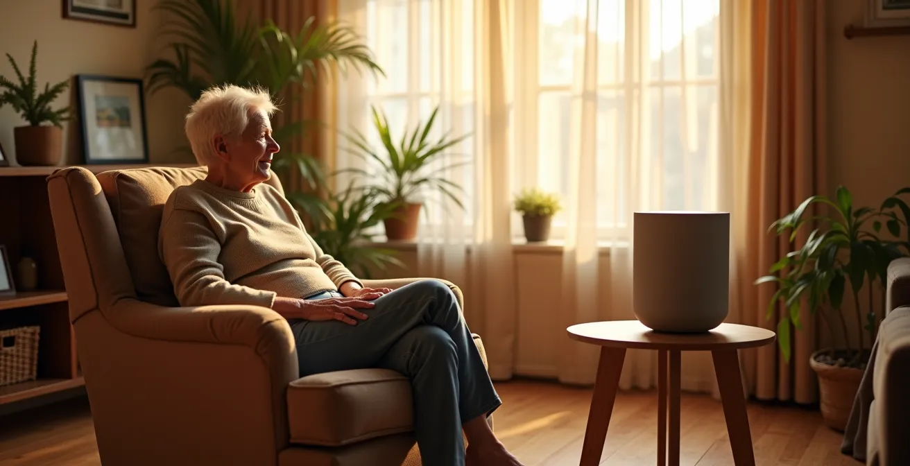 Senior interagissant naturellement avec un assistant vocal dans un salon accueillant