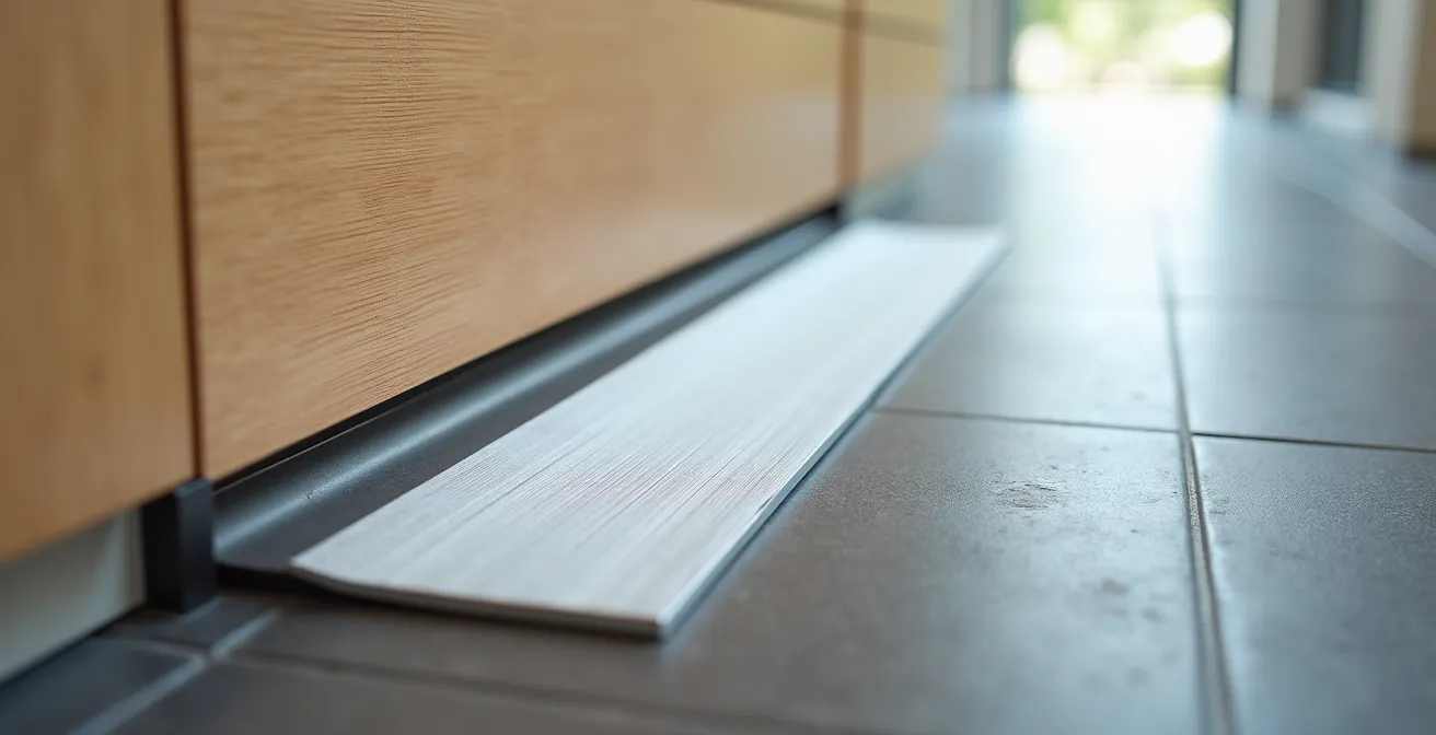 Gros plan sur une barre de seuil plate avec contraste de couleur marqué entre deux types de sols