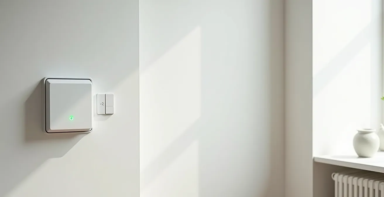 Boîtier de batterie de secours pour volets installé discrètement près d'un interrupteur