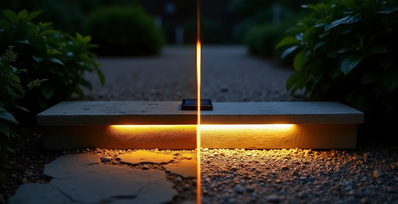 Comparaison entre une borne solaire à l'éclairage faible et un éclairage LED puissant sur une marche de jardin