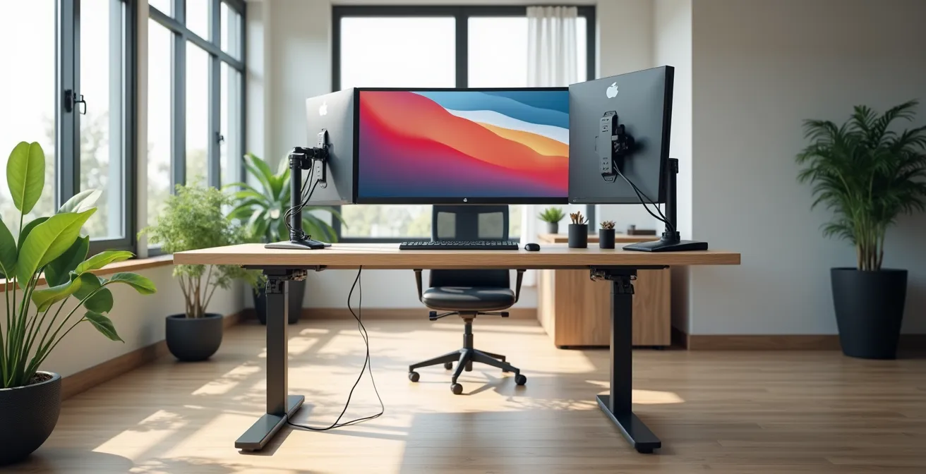 Espace de travail ergonomique moderne avec équipements adaptés pour la productivité