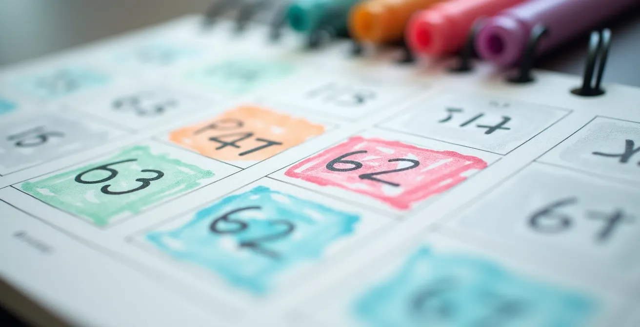 Vue macro d'un calendrier avec marqueurs colorés indiquant les âges clés pour la retraite progressive