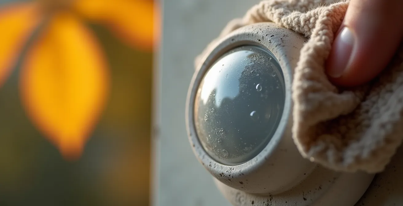 Gros plan sur le nettoyage délicat d'un capteur de mouvement extérieur avec un chiffon doux, en automne.
