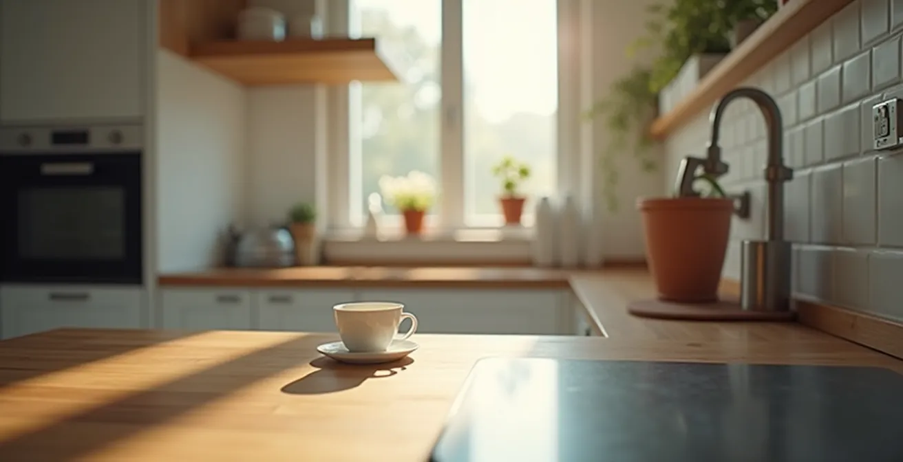 Cuisine moderne avec capteurs discrets intégrés aux éléments du quotidien