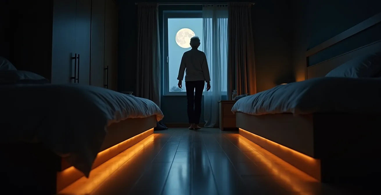 Vue nocturne d'une chambre avec chemin lumineux au sol guidant vers la salle de bain