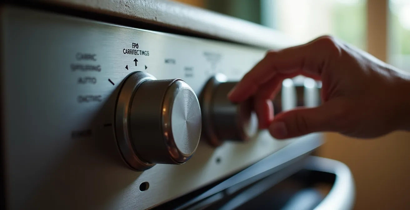 Gros plan sur des commandes d'électroménager avec boutons rotatifs à fort contraste