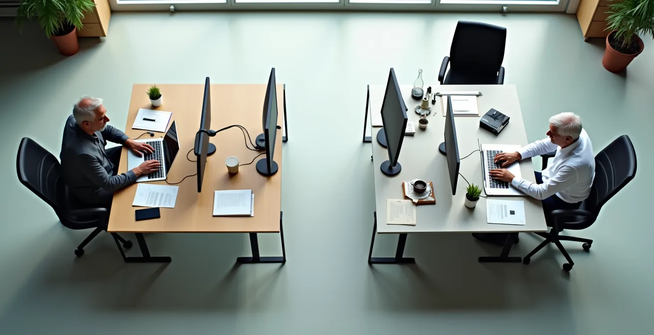 Vue aérienne de deux bureaux côte à côte montrant un salarié et un micro-entrepreneur