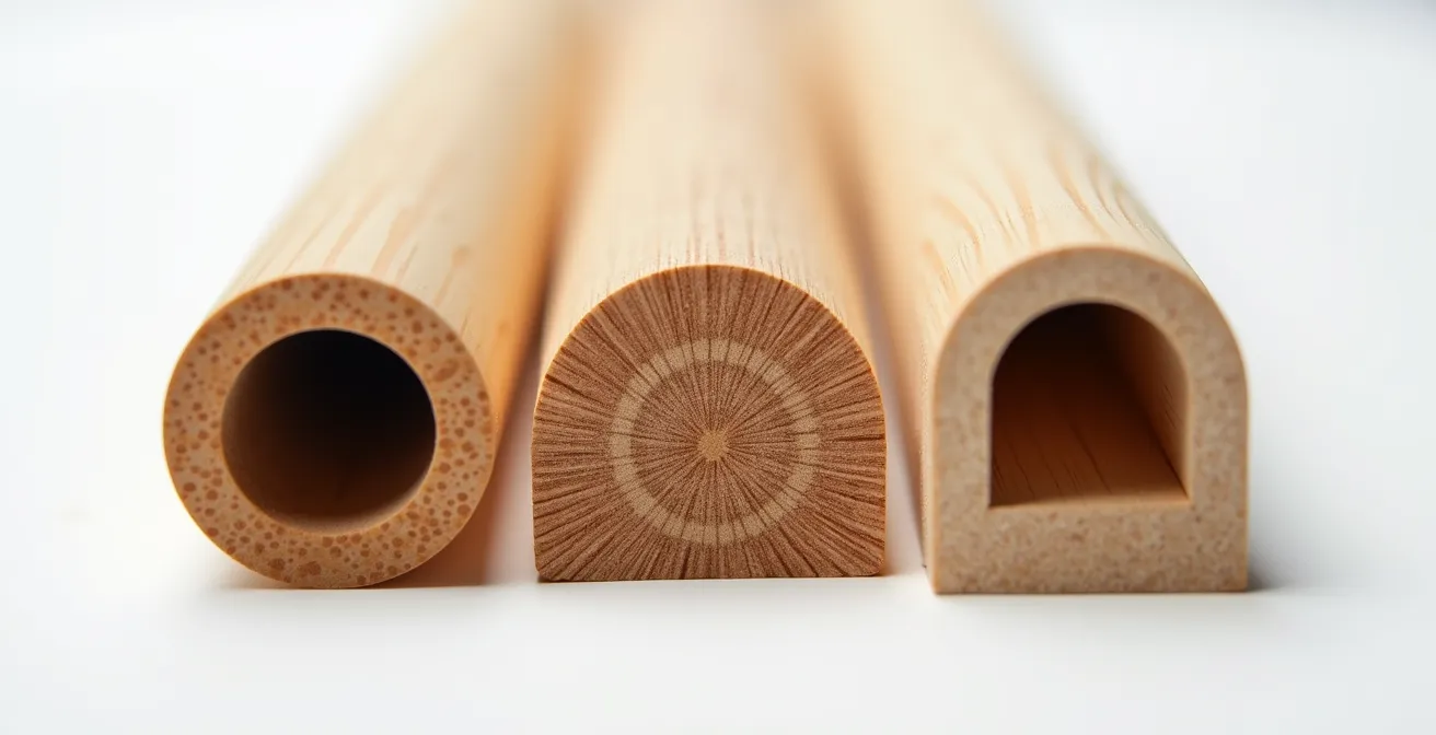 Gros plan macro sur différentes sections de mains courantes montrant les textures et formes adaptées