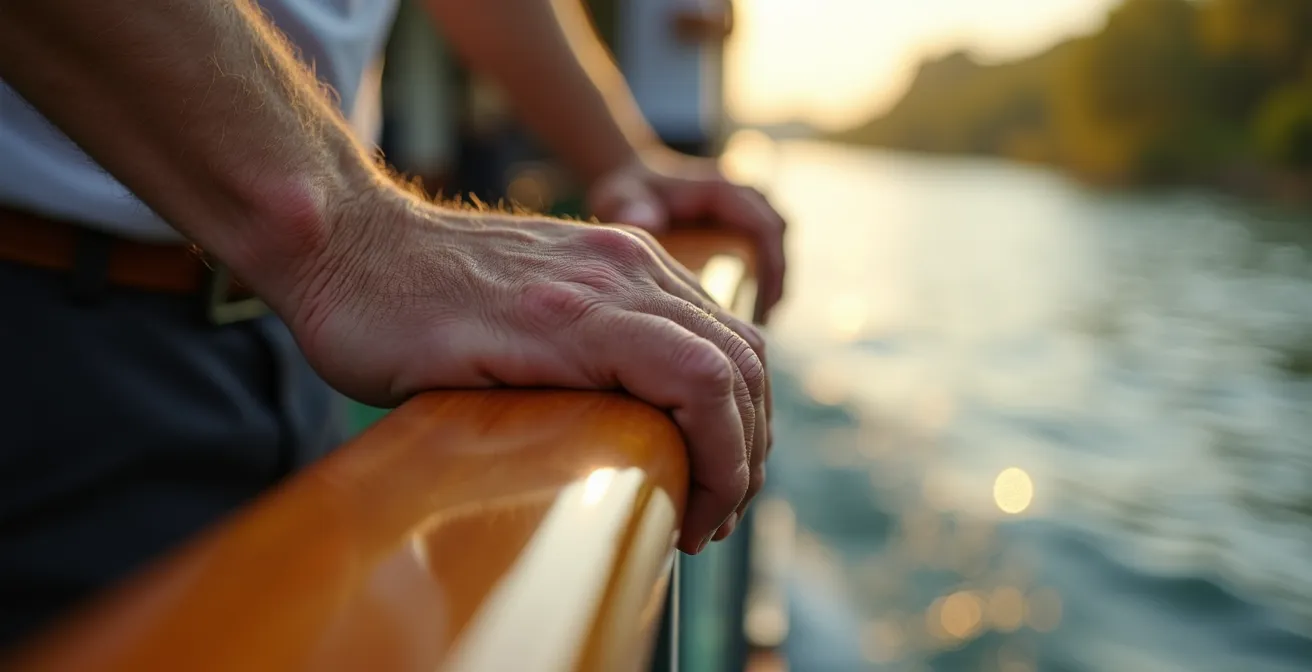 Couple de seniors sur le pont d'observation d'un bateau de croisière fluviale admirant le paysage