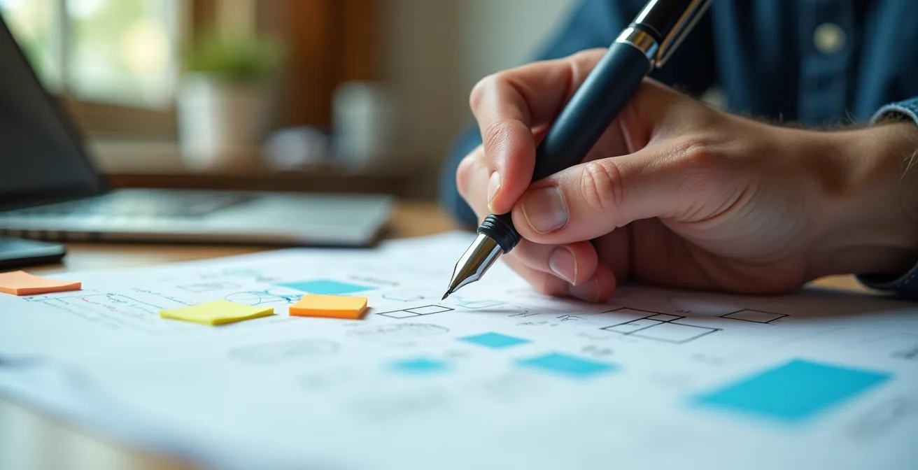 Mains expertes annotant un document technique avec des notes manuscrites colorées