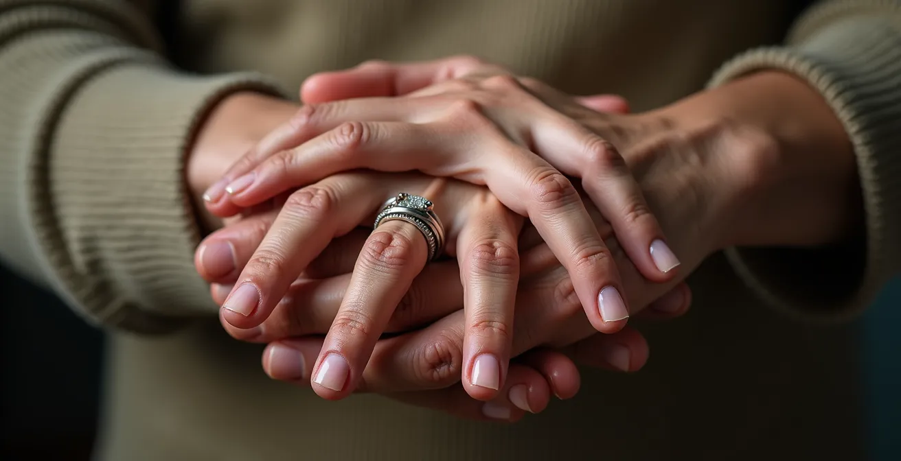 Mains de plusieurs générations posées les unes sur les autres symbolisant la transmission familiale