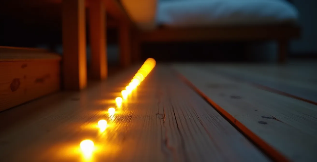 Chambre de senior la nuit avec bandes LED au sol créant un chemin lumineux doux vers la porte