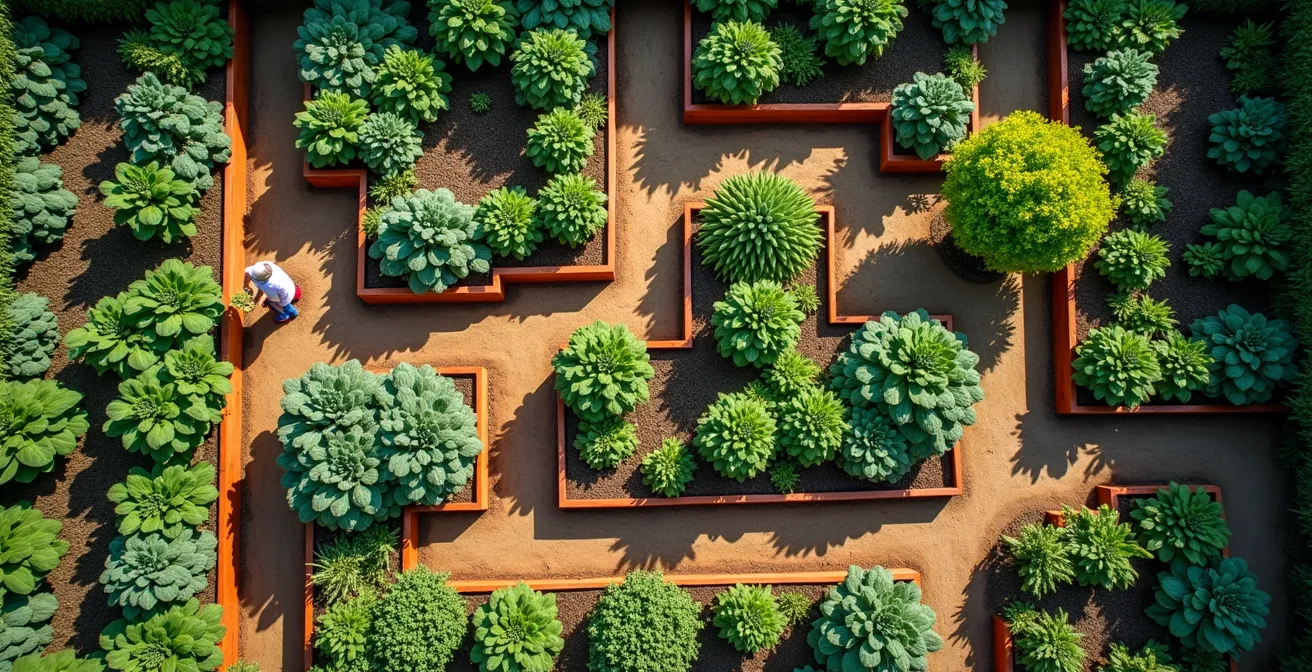 Vue aérienne d'un jardin potager organisé en parcelles géométriques, métaphore visuelle du palais mental