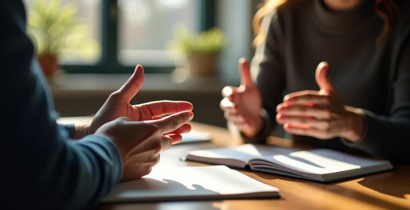 Scène d'entretien d'embauche montrant l'observation du langage corporel de la candidate