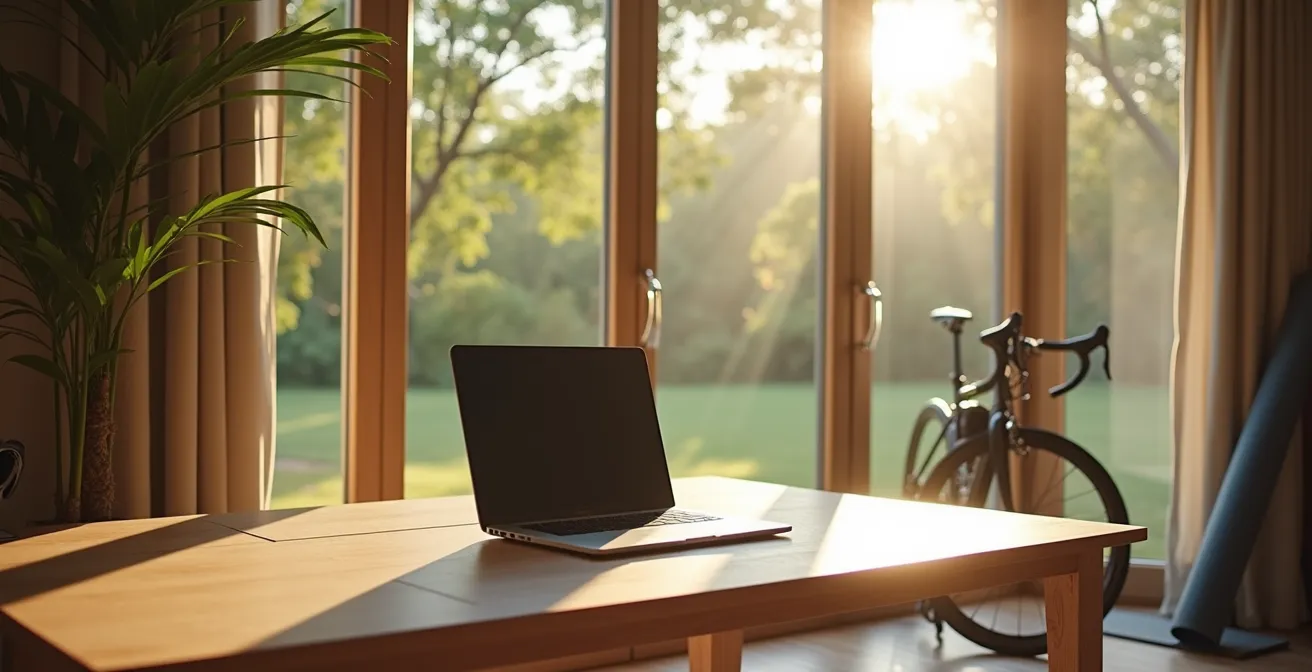 Vue large d'un espace de travail moderne avec vue sur jardin symbolisant l'équilibre travail-temps libre
