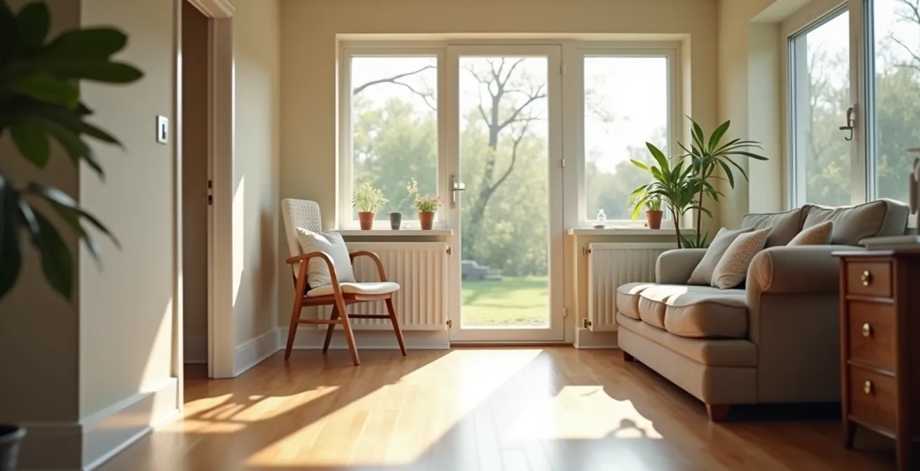 Intérieur épuré d'un logement senior montrant l'espace de vie adapté