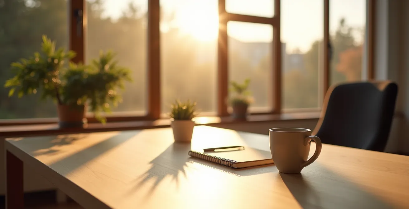 Bureau épuré avec vue panoramique montrant un espace de travail organisé pour la VAE