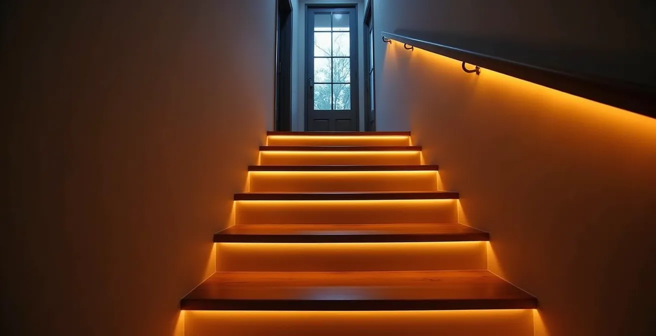 Vue d'ensemble d'un escalier avec éclairage tamisé intégré dans un environnement domestique au crépuscule