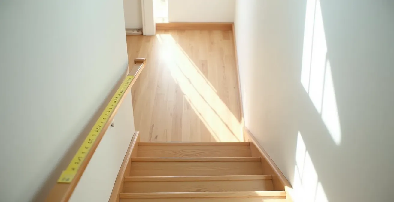 Vue en plongée d'un escalier étroit avec mesures d'installation visibles pour un monte-escalier