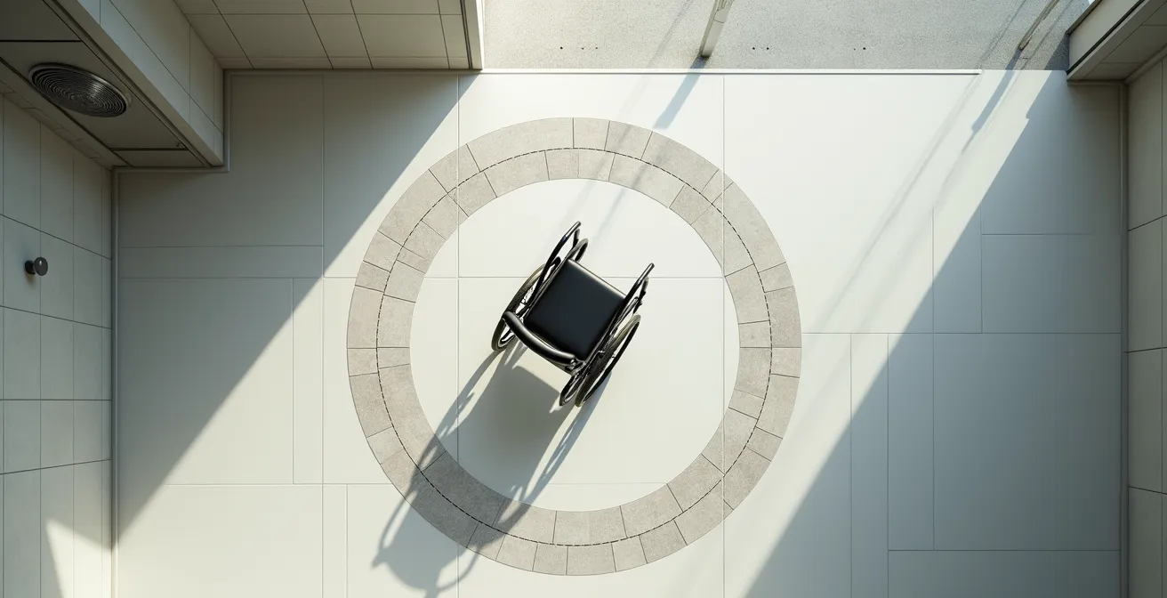Vue aérienne d'une salle de bain montrant les zones de circulation pour fauteuil roulant