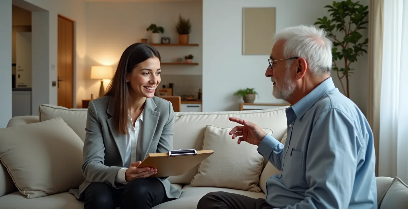 Évaluatrice sociale prenant des notes lors d'une visite à domicile chez une personne âgée