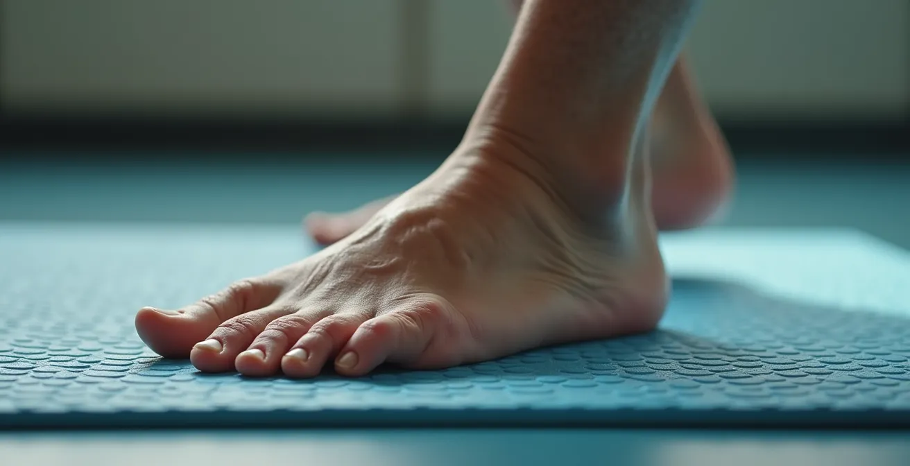 Senior pratiquant l'exercice d'équilibre sur une jambe avec concentration