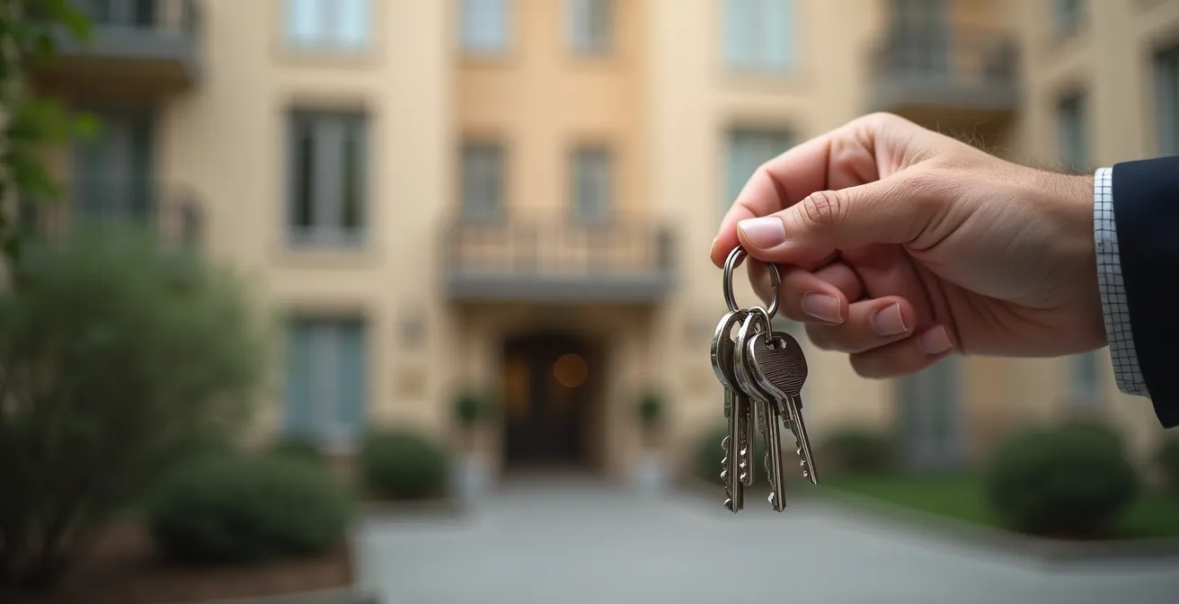 Main tenant des clés devant un immeuble résidentiel flou en arrière-plan