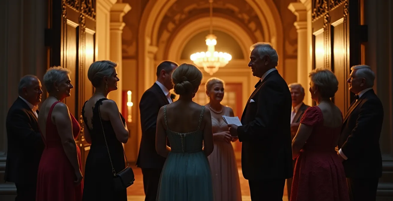 Groupe de seniors joyeux devant l'entrée d'un théâtre historique