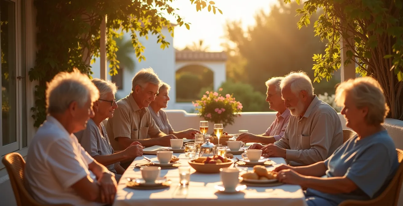 Groupe de seniors prenant tranquillement le petit-déjeuner sur une terrasse méditerranéenne