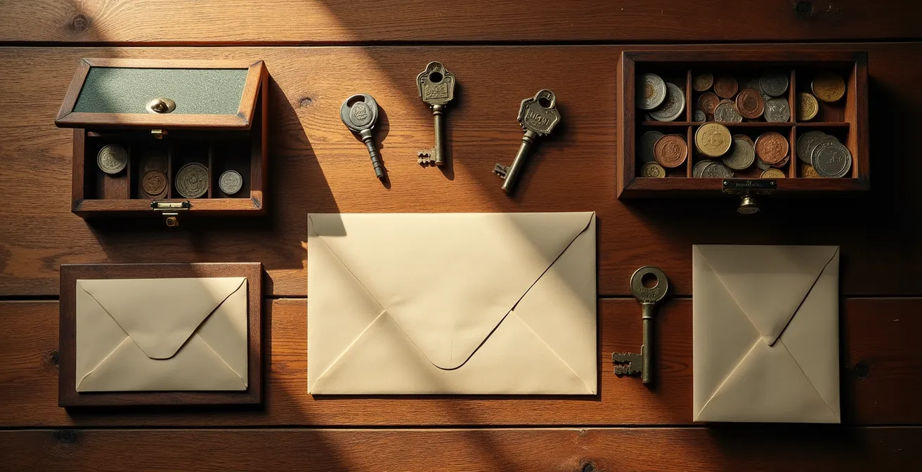 Organisation méthodique de documents patrimoniaux sur un bureau, symbolisant l'étape cruciale de l'inventaire par le tuteur.