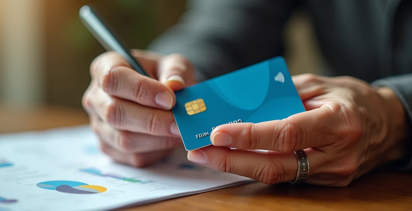 Main d'une personne âgée tenant une carte mobilité inclusion avec documents administratifs en arrière-plan