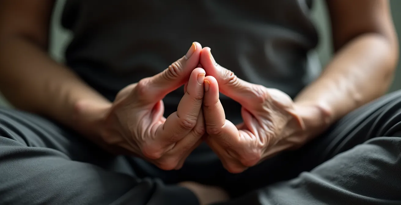 Gros plan sur les mains d'une personne âgée en position de méditation, texture de la peau mise en valeur par une lumière douce