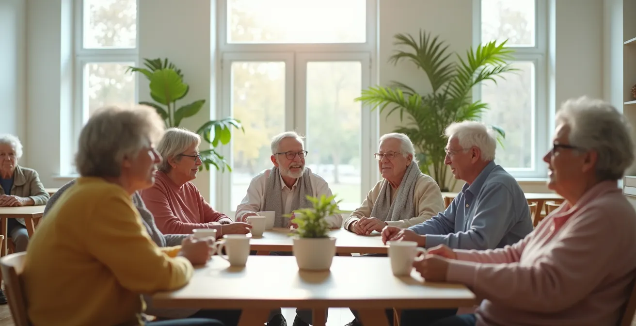 Groupe de seniors partageant un moment convivial autour d'un café après leur séance de gym