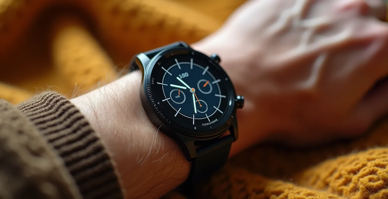 Détail d'une montre connectée au poignet d'une personne âgée avec capteurs de santé