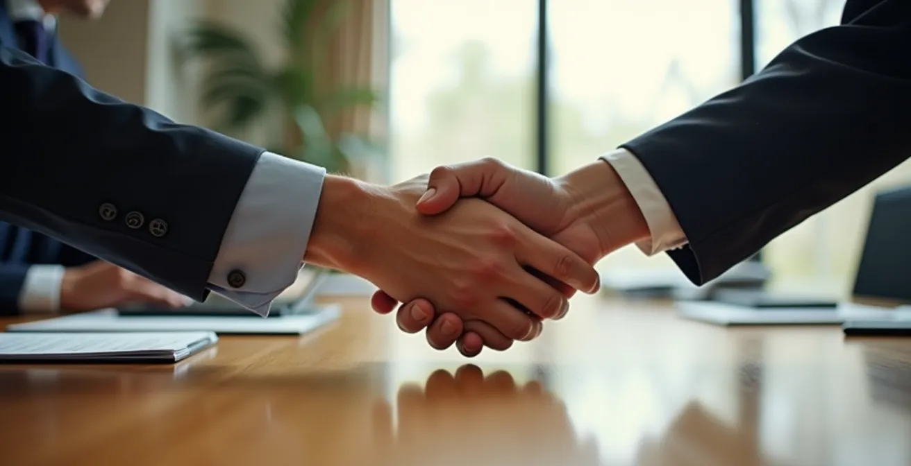 Deux mains senior échangeant une poignée de main professionnelle au-dessus d'une table