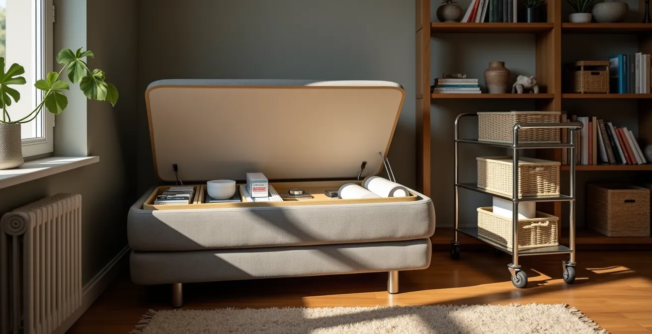 Vue d'un coin salon avec mobilier double fonction intégrant discrètement du matériel de soin