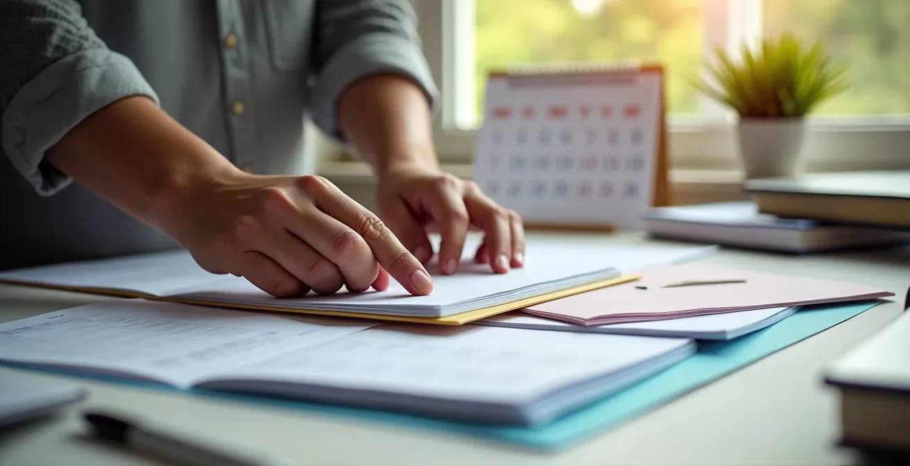 Calendrier mural avec post-its colorés marquant les échéances mensuelles de gestion