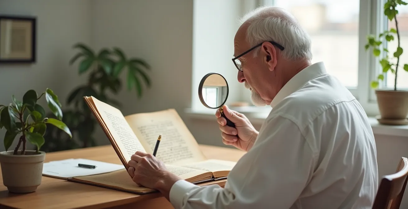 Mains déchiffrant un manuscrit ancien avec loupe, exercice de paléographie pour stimuler la mémoire