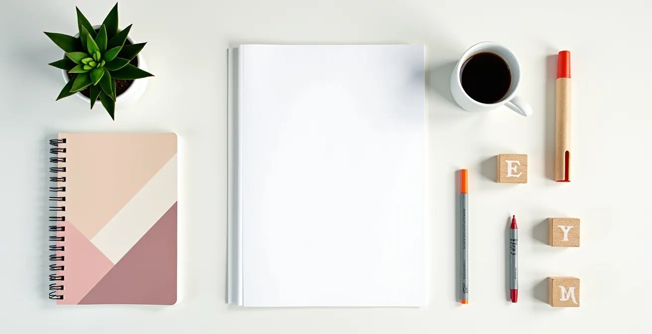 Vue aérienne d'un bureau épuré avec planning et outils de travail organisés