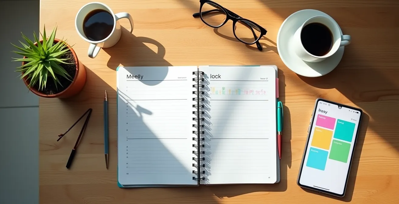 Vue plongeante d'une table avec cahier de liaison ouvert, planning hebdomadaire et smartphone montrant un calendrier partagé