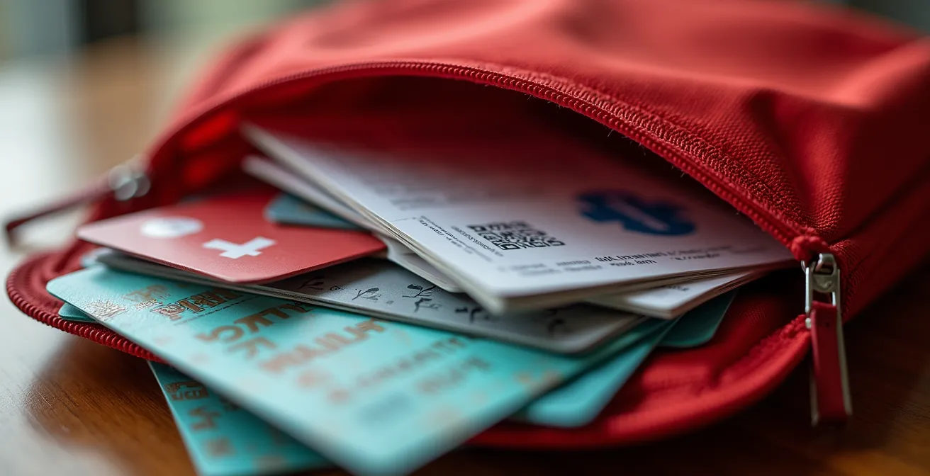 Pochette d'urgence rouge avec documents médicaux organisés sur une table