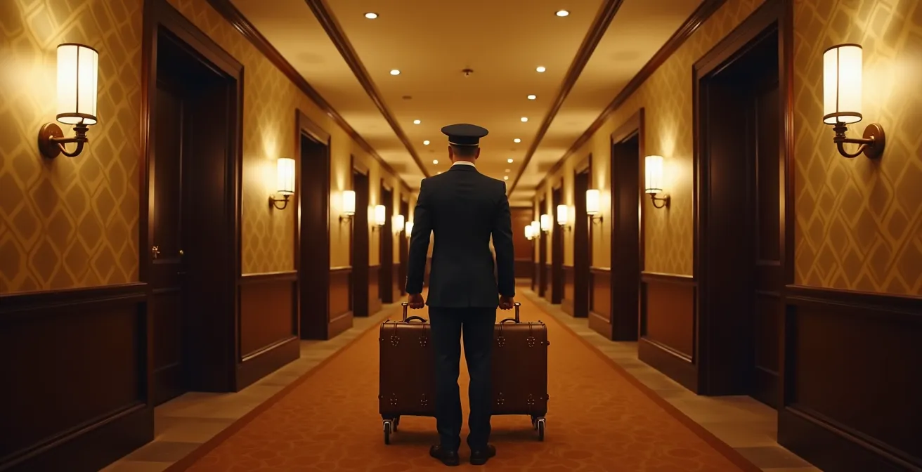 Porteur d'hôtel poussant un chariot à bagages dans un couloir luxueux