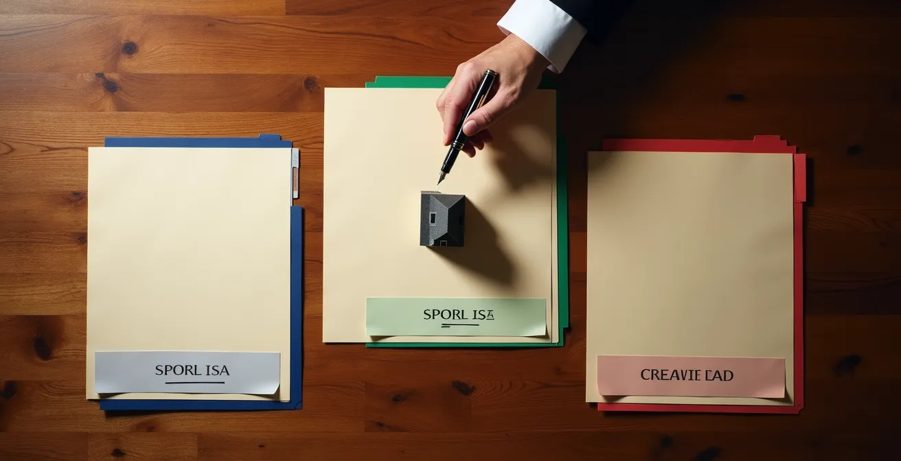 Vue de dessus d'un bureau avec trois dossiers d'estimation immobilière et une main tenant un stylo plume