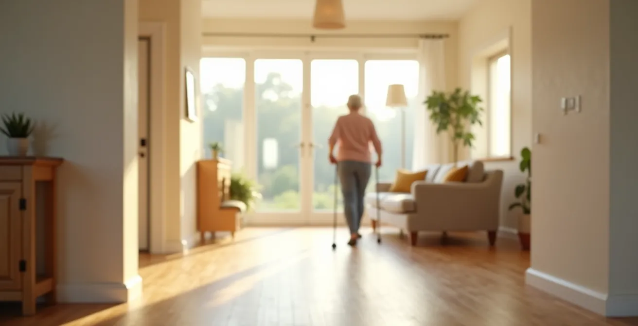 Intérieur d'un domicile adapté pour senior avec aménagements de sécurité visibles