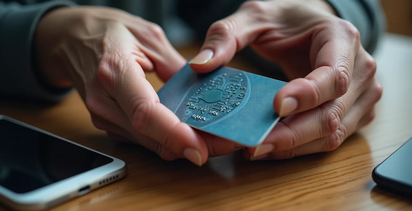Mains âgées tenant une carte bancaire protégée par un étui de sécurité, téléphone en arrière-plan flou