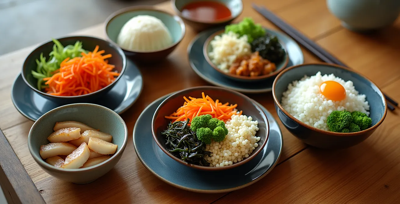 Table traditionnelle avec repas coloré façon Okinawa et petites portions