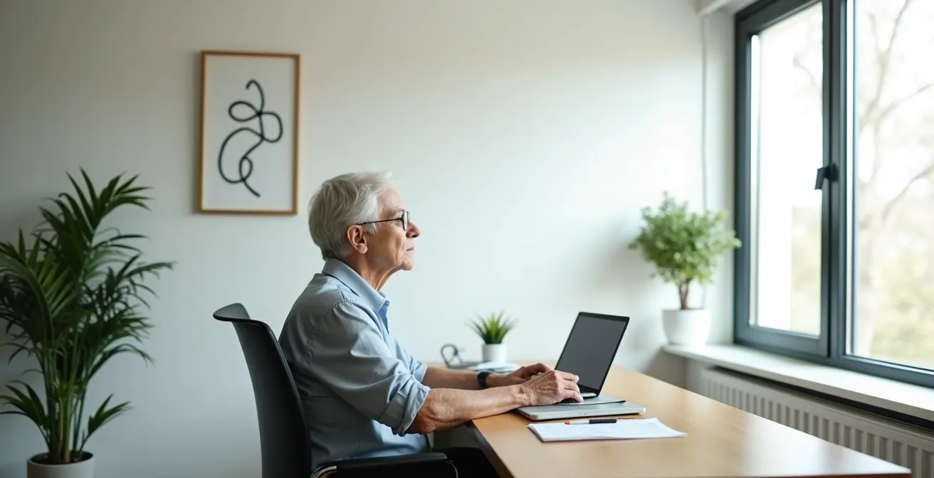 Bénévole senior en moment de réflexion personnelle dans un bureau paisible