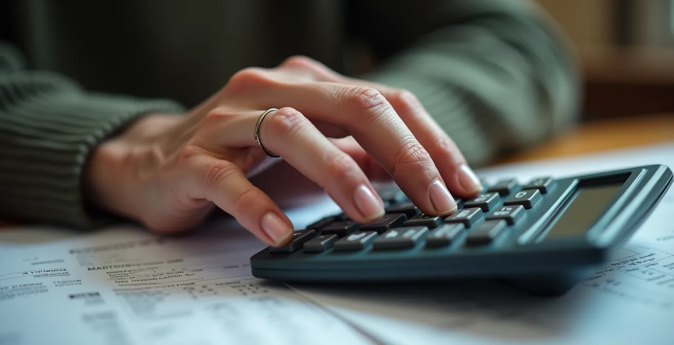 Senior analysant ses revenus fiscaux avec calculatrice pour aide sociale